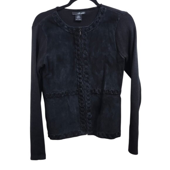Willi Smith Black Suede Trim Zip Front Knit Jacket Cardigan Women’s Size S - Picture 2 of 10
